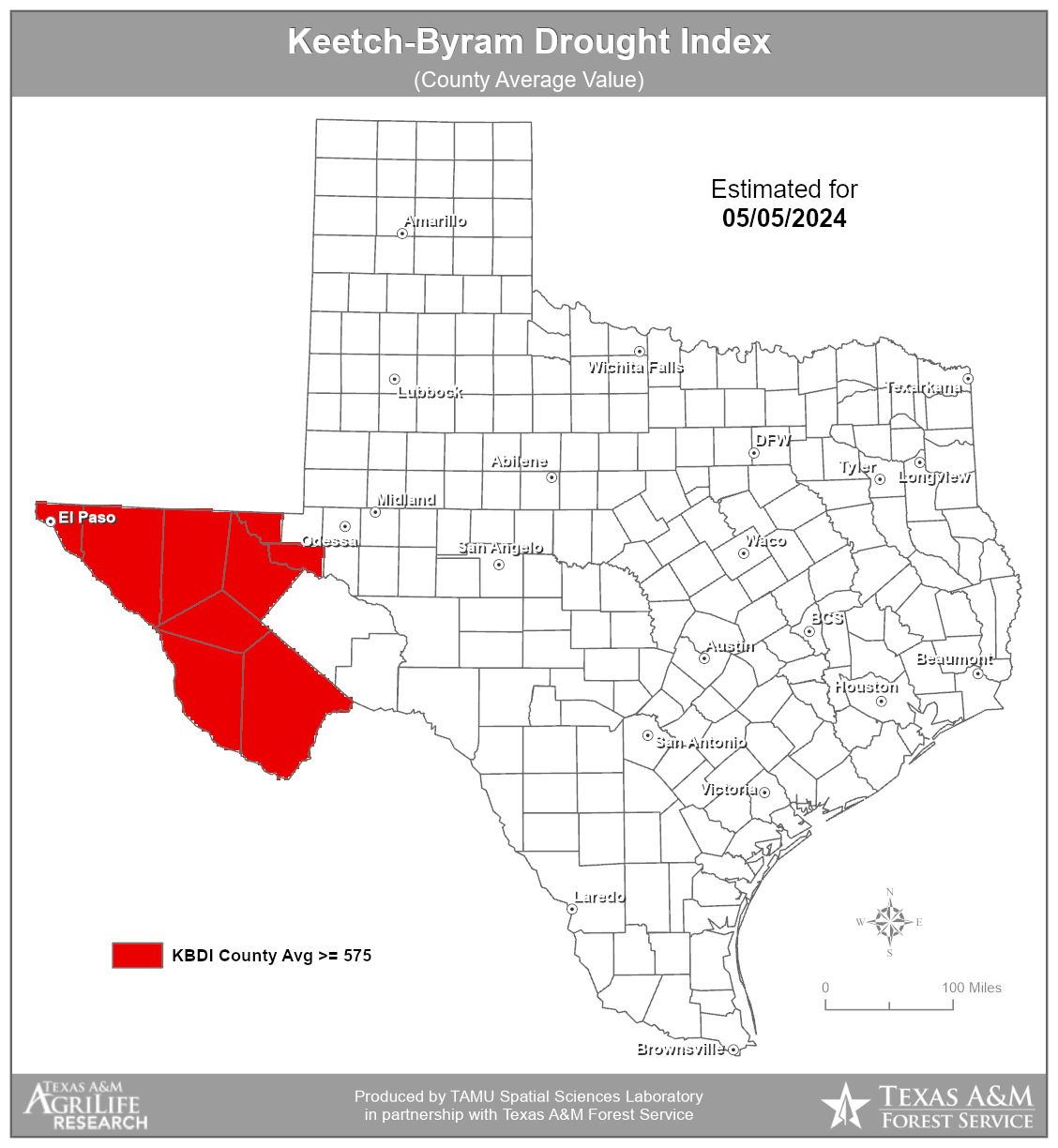 Texas Counties with an Average KBDI of 575 or higher